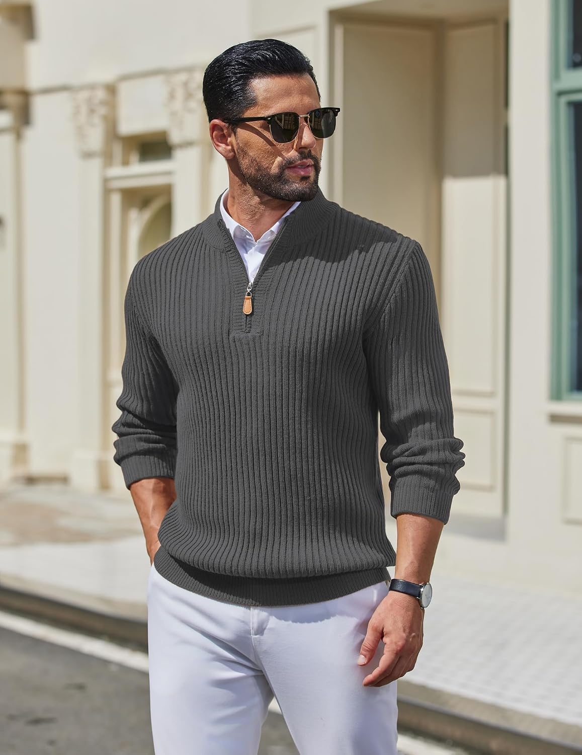 image:imageCOOFANDY Mens Quarter Zip Pullover Sweater Knit Texture Mock Neck Sweater Soft Knit Fabric Thick Warmth Quarter Zip Design Mock Neck Regular Fit Long Sleeve Sweater For Casual And Business WearDark Gray