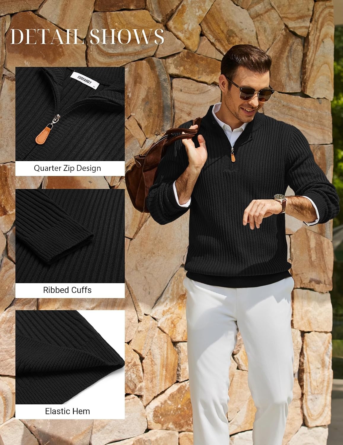 image:imageCOOFANDY Mens Quarter Zip Pullover Sweater Knit Texture Mock Neck Sweater Soft Knit Fabric Thick Warmth Quarter Zip Design Mock Neck Regular Fit Long Sleeve Sweater For Casual And Business WearBlack