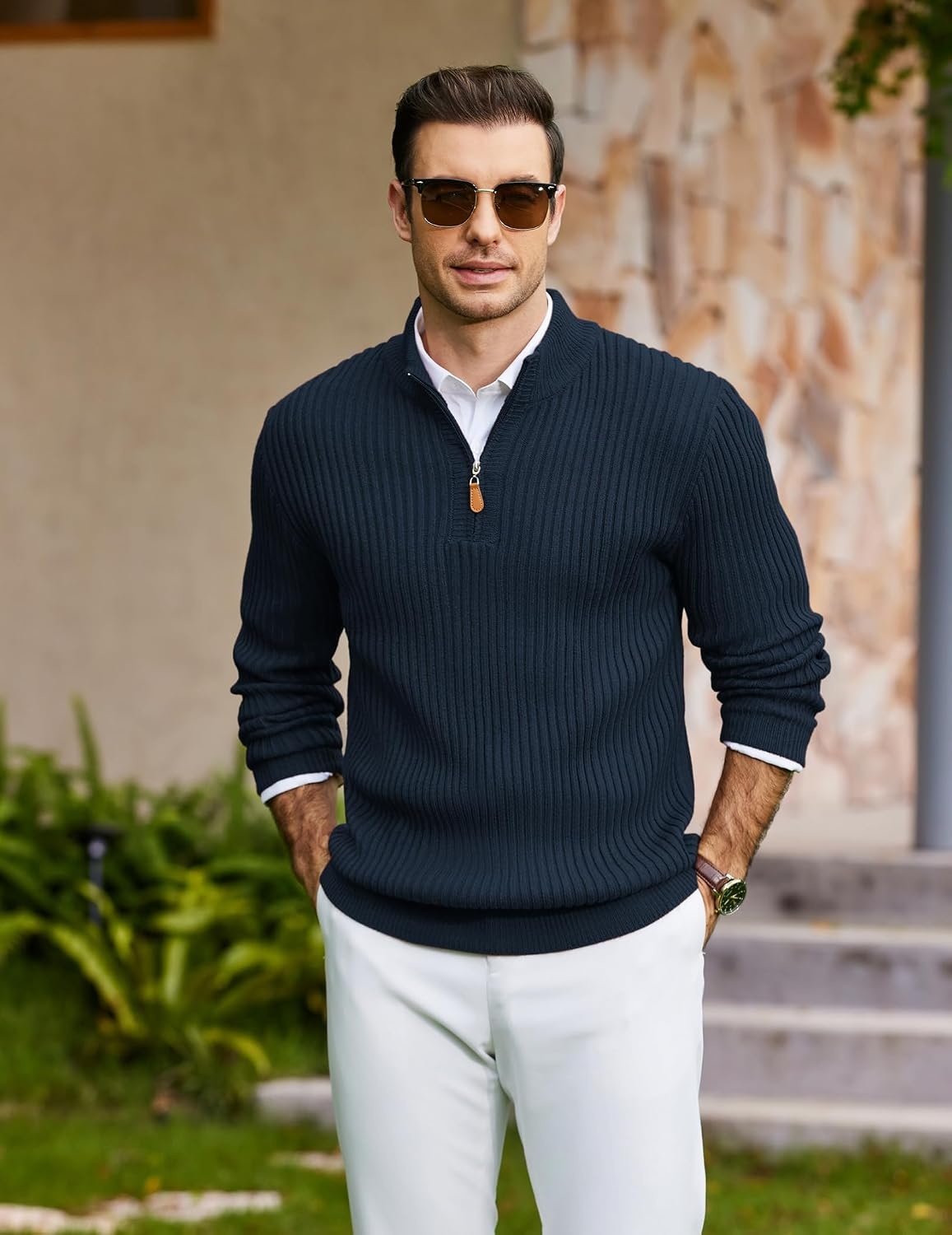 image:imageCOOFANDY Mens Quarter Zip Pullover Sweater Knit Texture Mock Neck Sweater Soft Knit Fabric Thick Warmth Quarter Zip Design Mock Neck Regular Fit Long Sleeve Sweater For Casual And Business WearNavy Blue