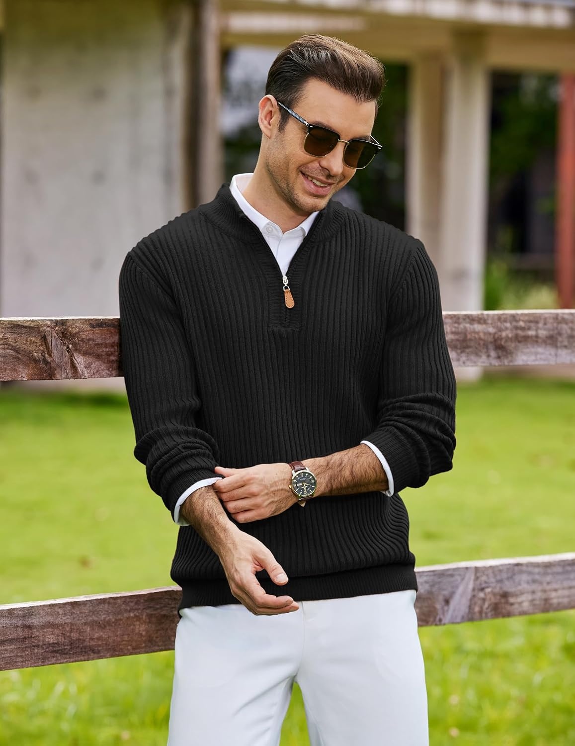 image:imageCOOFANDY Mens Quarter Zip Pullover Sweater Knit Texture Mock Neck Sweater Soft Knit Fabric Thick Warmth Quarter Zip Design Mock Neck Regular Fit Long Sleeve Sweater For Casual And Business WearBlack