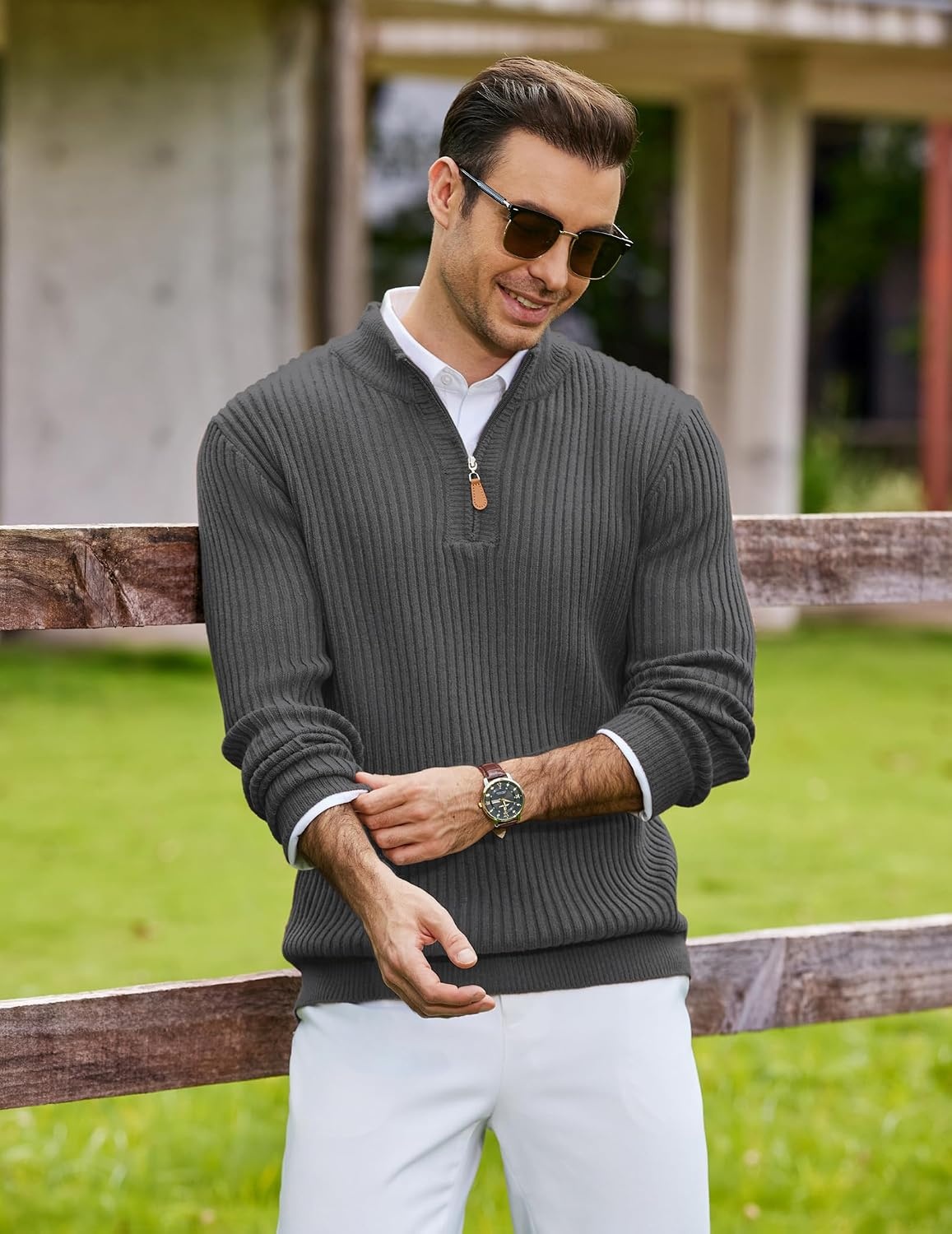 image:imageCOOFANDY Mens Quarter Zip Pullover Sweater Knit Texture Mock Neck Sweater Soft Knit Fabric Thick Warmth Quarter Zip Design Mock Neck Regular Fit Long Sleeve Sweater For Casual And Business WearDark Gray