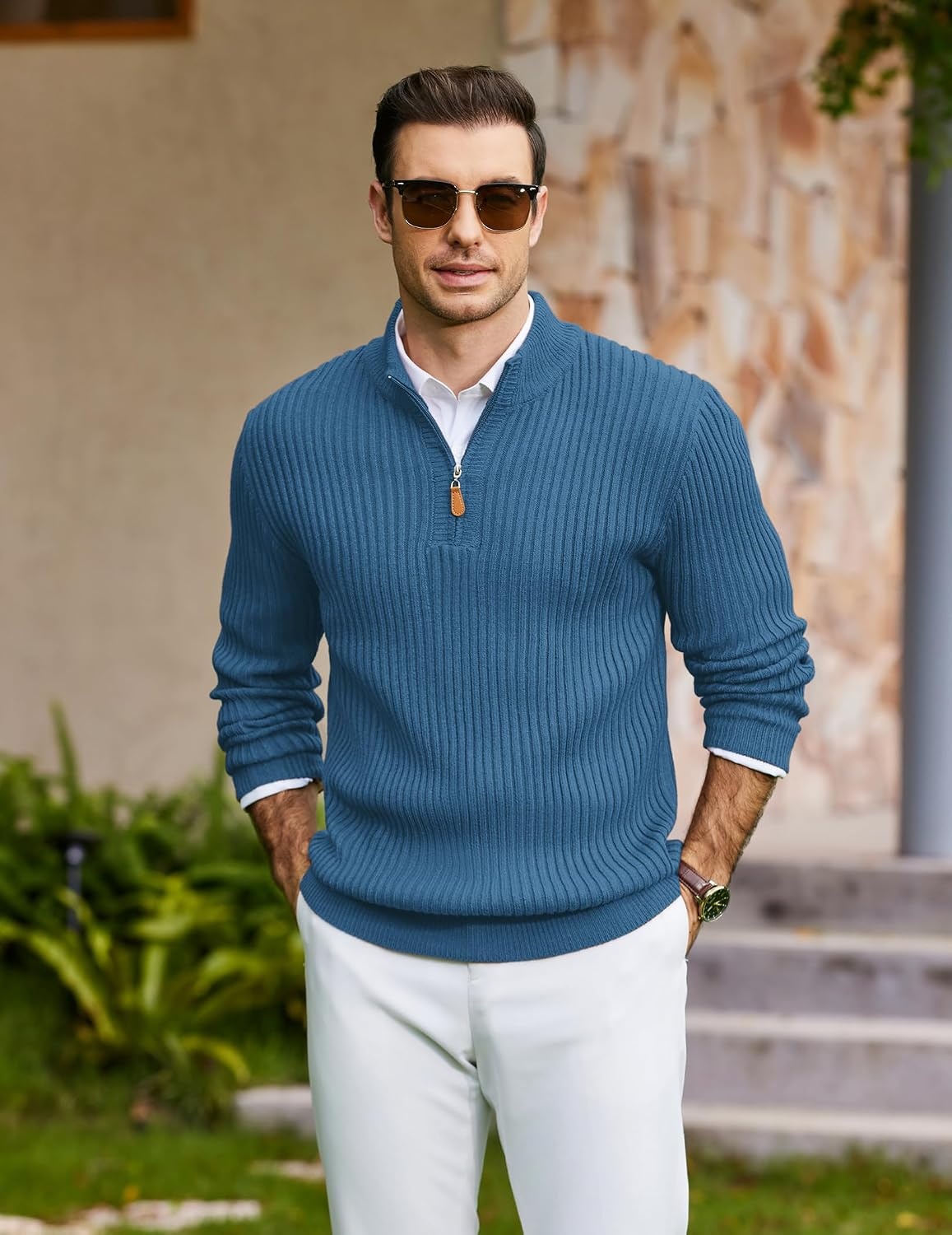 image:imageCOOFANDY Mens Quarter Zip Pullover Sweater Knit Texture Mock Neck Sweater Soft Knit Fabric Thick Warmth Quarter Zip Design Mock Neck Regular Fit Long Sleeve Sweater For Casual And Business WearLight Blue