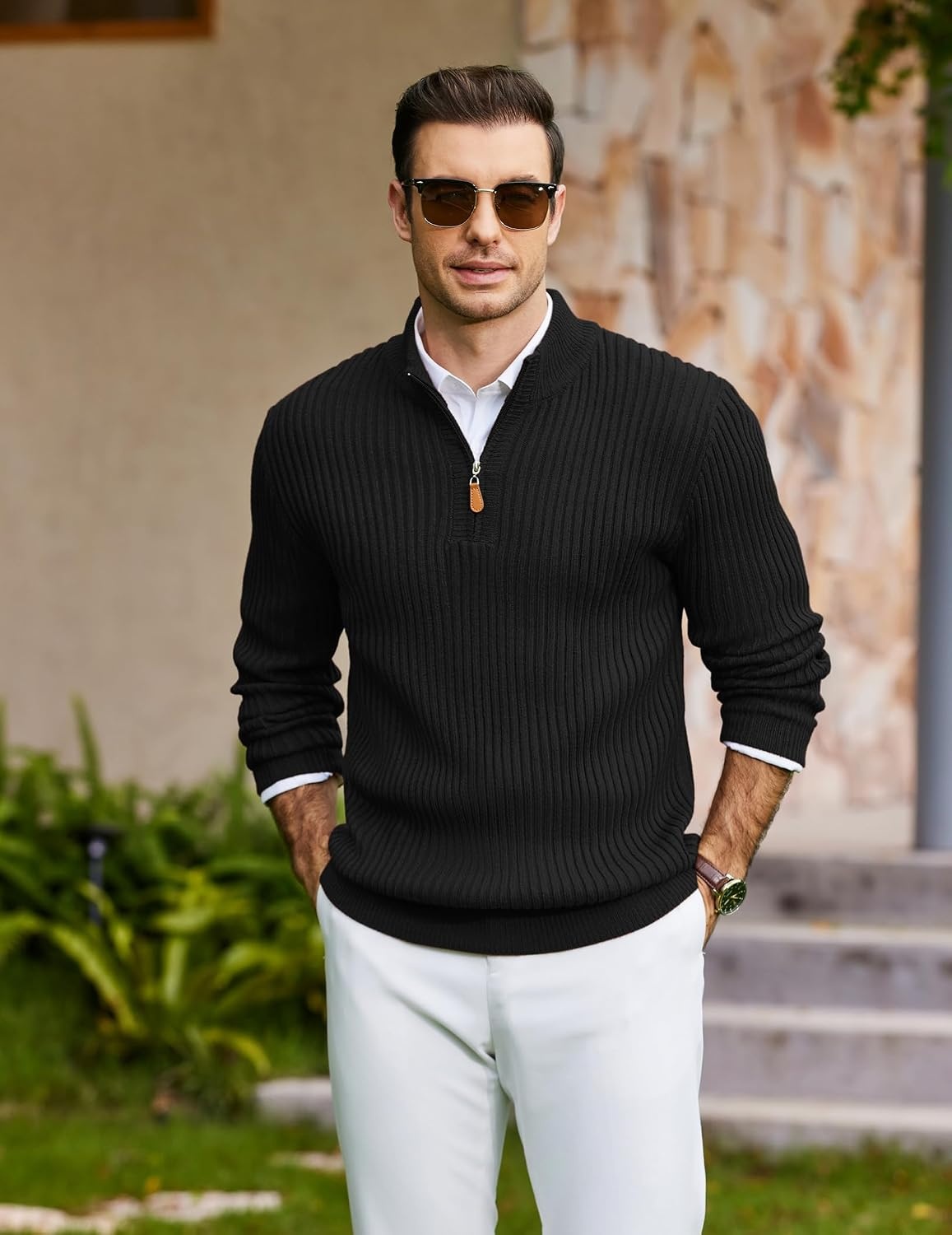 image:imageCOOFANDY Mens Quarter Zip Pullover Sweater Knit Texture Mock Neck Sweater Soft Knit Fabric Thick Warmth Quarter Zip Design Mock Neck Regular Fit Long Sleeve Sweater For Casual And Business WearBlack