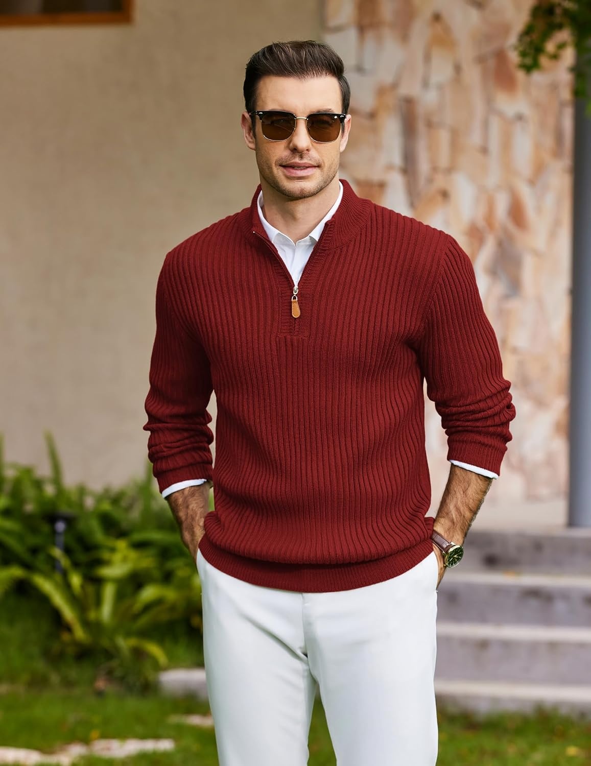 image:imageCOOFANDY Mens Quarter Zip Pullover Sweater Knit Texture Mock Neck Sweater Soft Knit Fabric Thick Warmth Quarter Zip Design Mock Neck Regular Fit Long Sleeve Sweater For Casual And Business WearDark Red