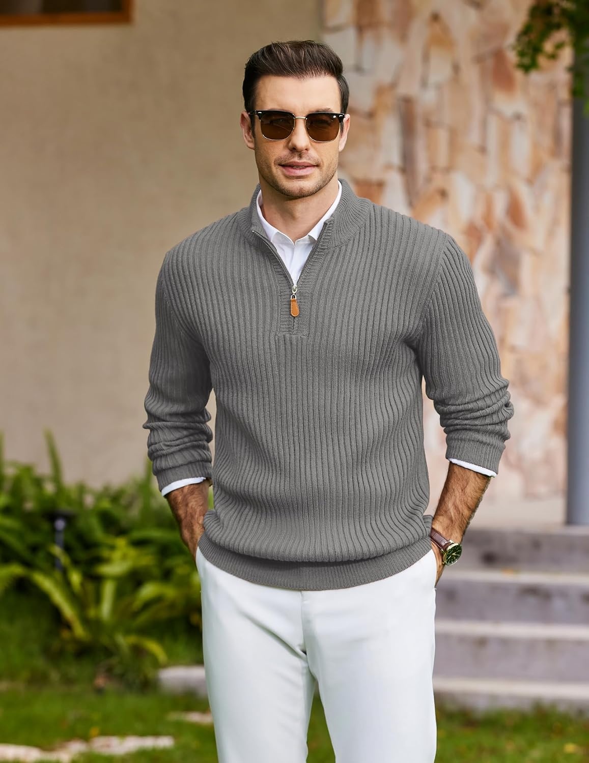 image:imageCOOFANDY Mens Quarter Zip Pullover Sweater Knit Texture Mock Neck Sweater Soft Knit Fabric Thick Warmth Quarter Zip Design Mock Neck Regular Fit Long Sleeve Sweater For Casual And Business WearLight Gray