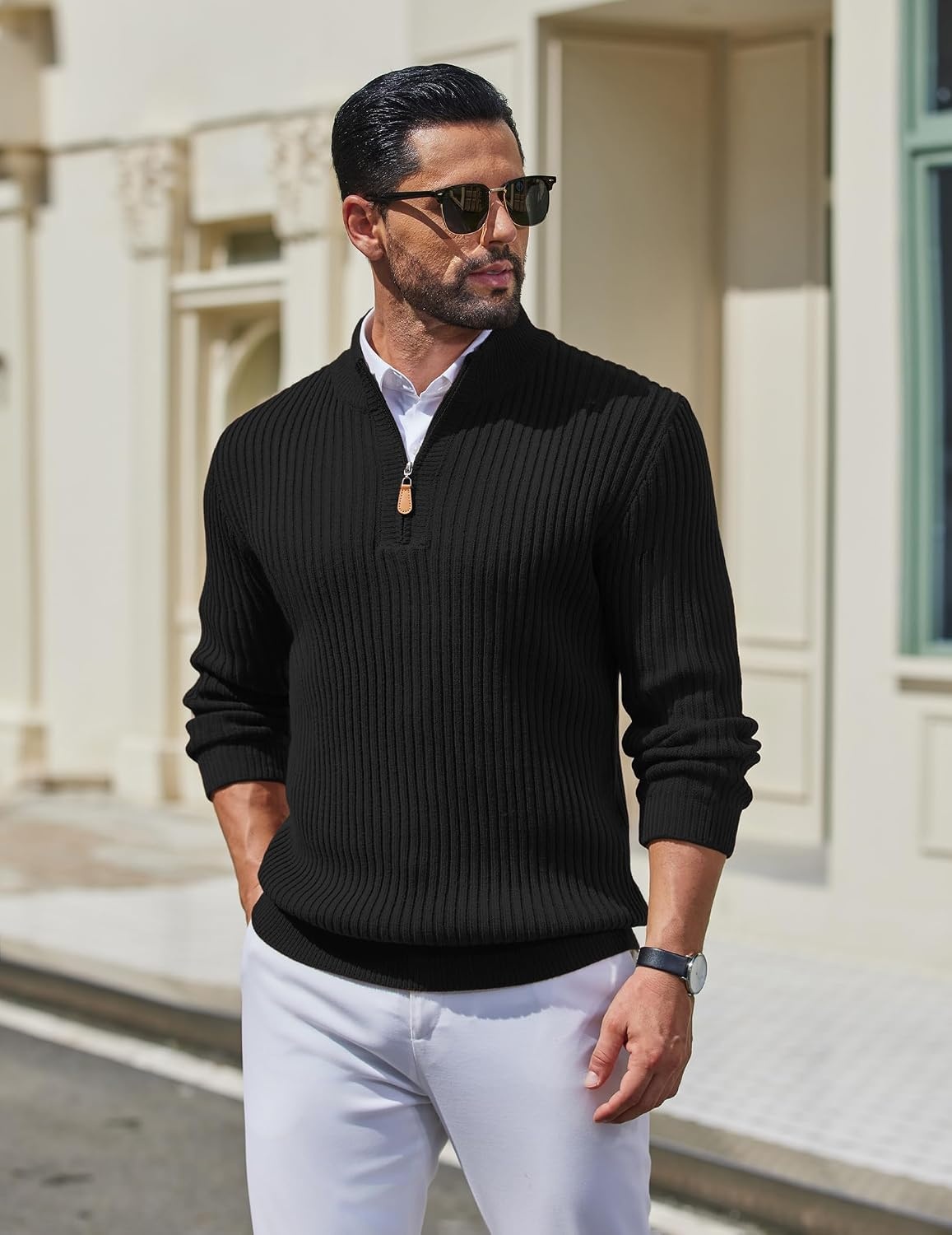 image:imageCOOFANDY Mens Quarter Zip Pullover Sweater Knit Texture Mock Neck Sweater Soft Knit Fabric Thick Warmth Quarter Zip Design Mock Neck Regular Fit Long Sleeve Sweater For Casual And Business WearBlack