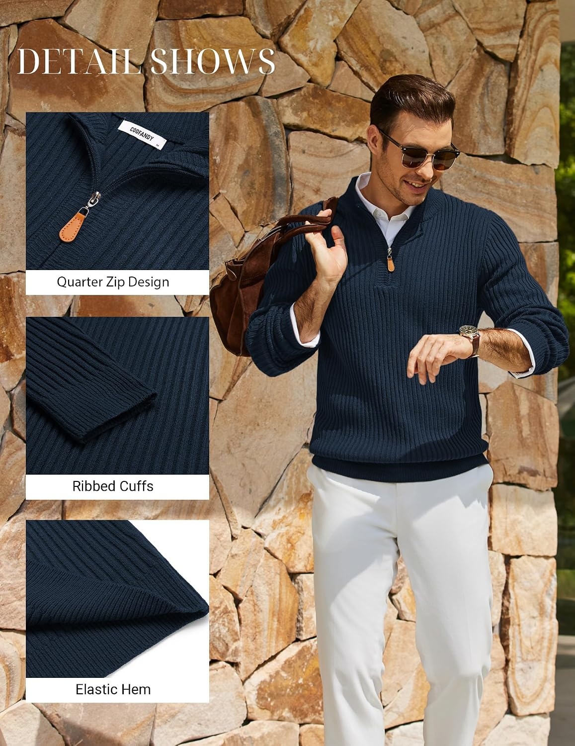 image:imageCOOFANDY Mens Quarter Zip Pullover Sweater Knit Texture Mock Neck Sweater Soft Knit Fabric Thick Warmth Quarter Zip Design Mock Neck Regular Fit Long Sleeve Sweater For Casual And Business WearNavy Blue