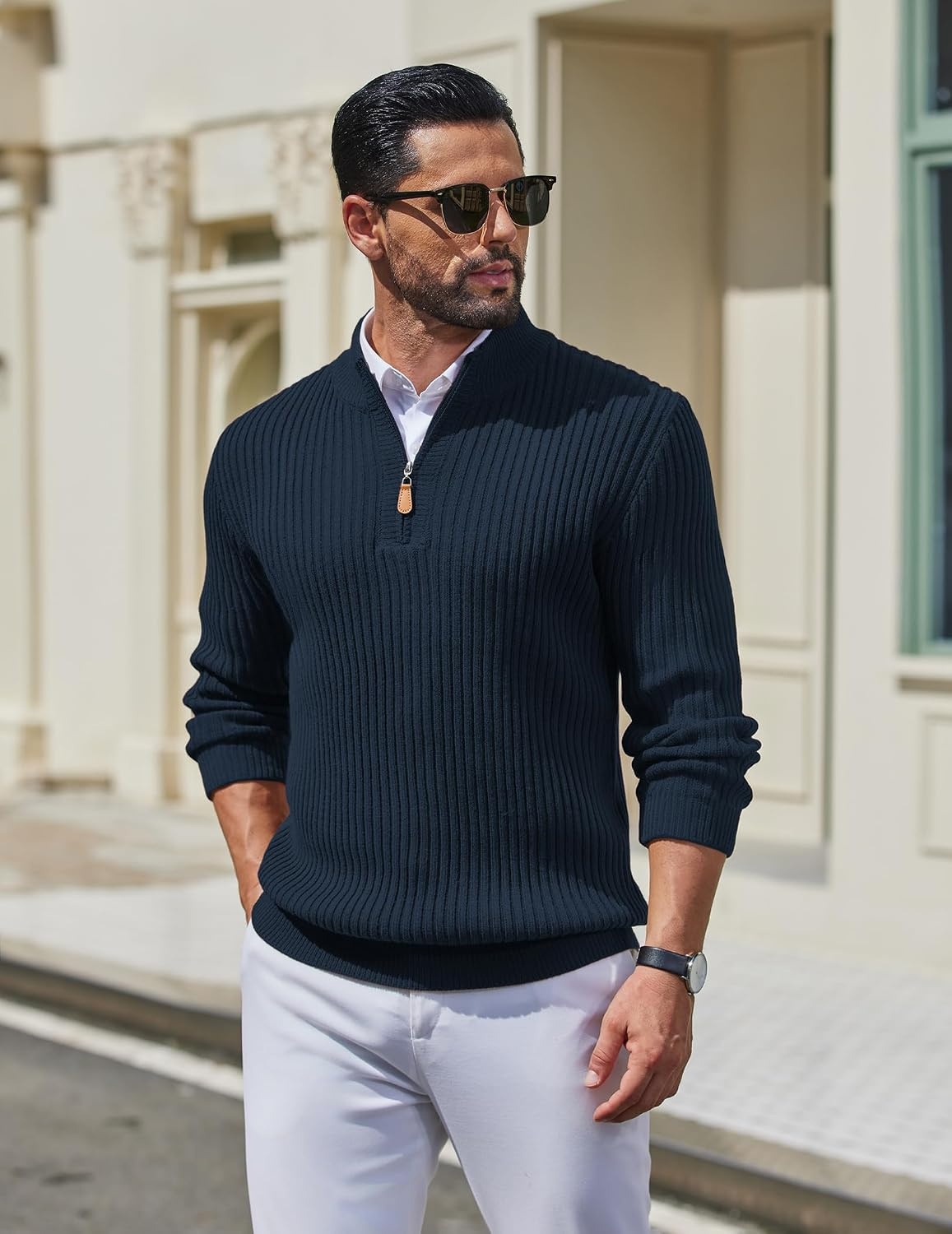 image:imageCOOFANDY Mens Quarter Zip Pullover Sweater Knit Texture Mock Neck Sweater Soft Knit Fabric Thick Warmth Quarter Zip Design Mock Neck Regular Fit Long Sleeve Sweater For Casual And Business WearNavy Blue