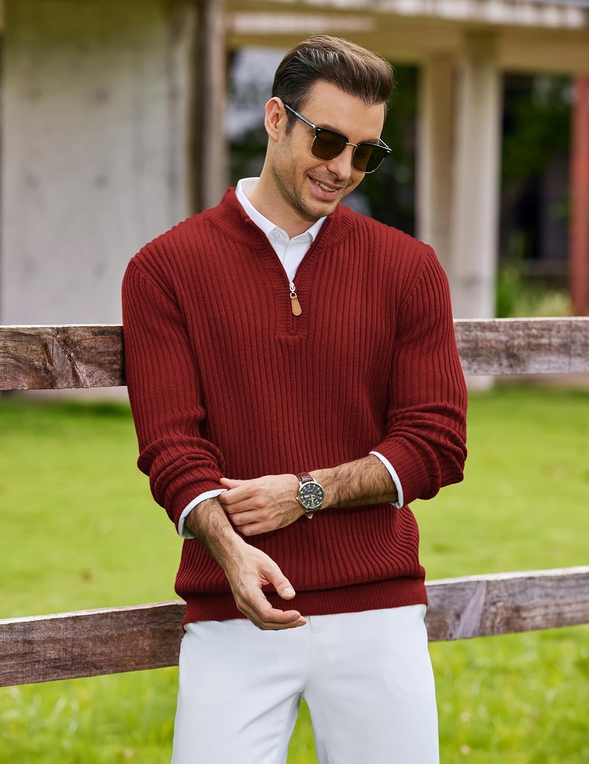image:imageCOOFANDY Mens Quarter Zip Pullover Sweater Knit Texture Mock Neck Sweater Soft Knit Fabric Thick Warmth Quarter Zip Design Mock Neck Regular Fit Long Sleeve Sweater For Casual And Business WearDark Red