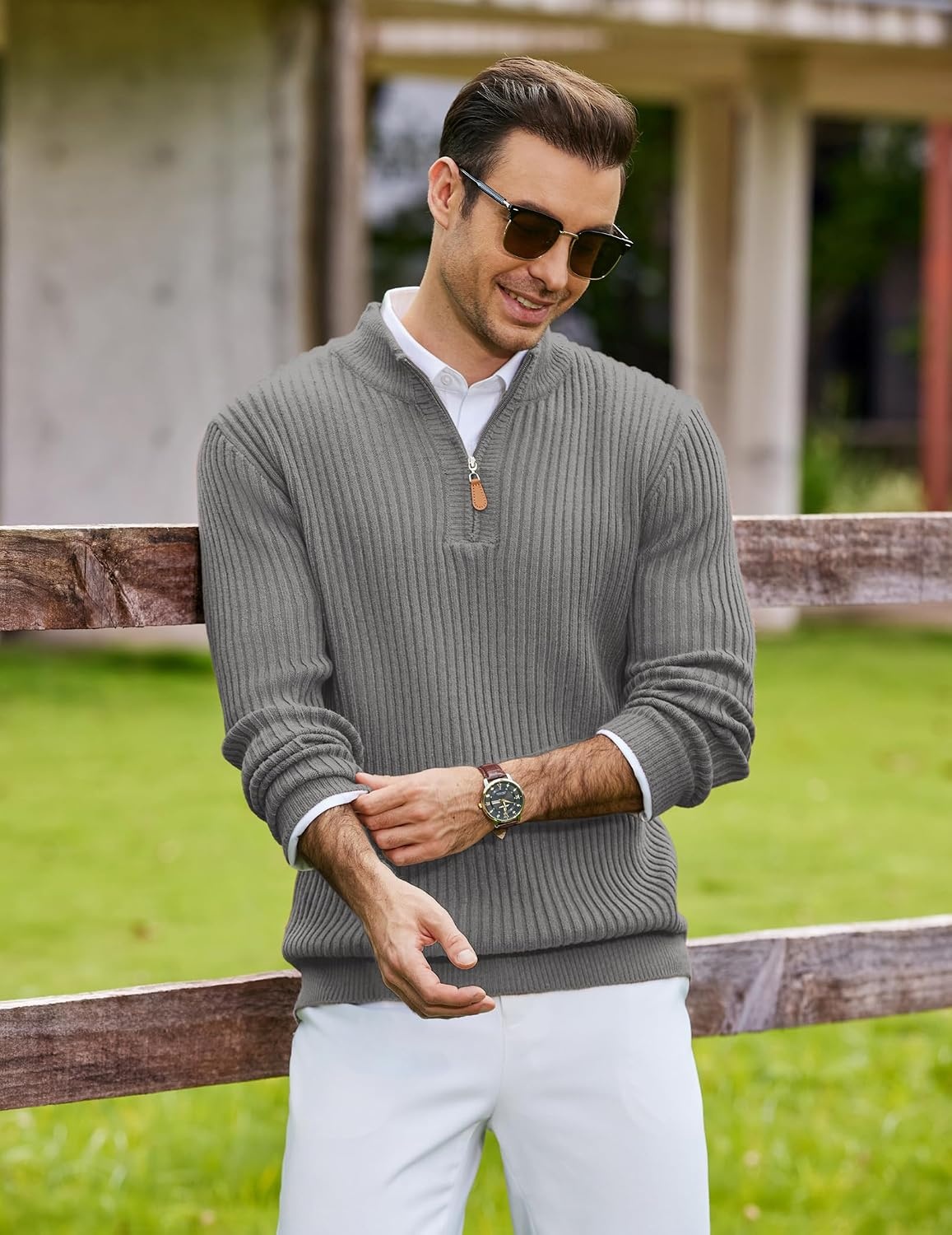 image:imageCOOFANDY Mens Quarter Zip Pullover Sweater Knit Texture Mock Neck Sweater Soft Knit Fabric Thick Warmth Quarter Zip Design Mock Neck Regular Fit Long Sleeve Sweater For Casual And Business WearLight Gray
