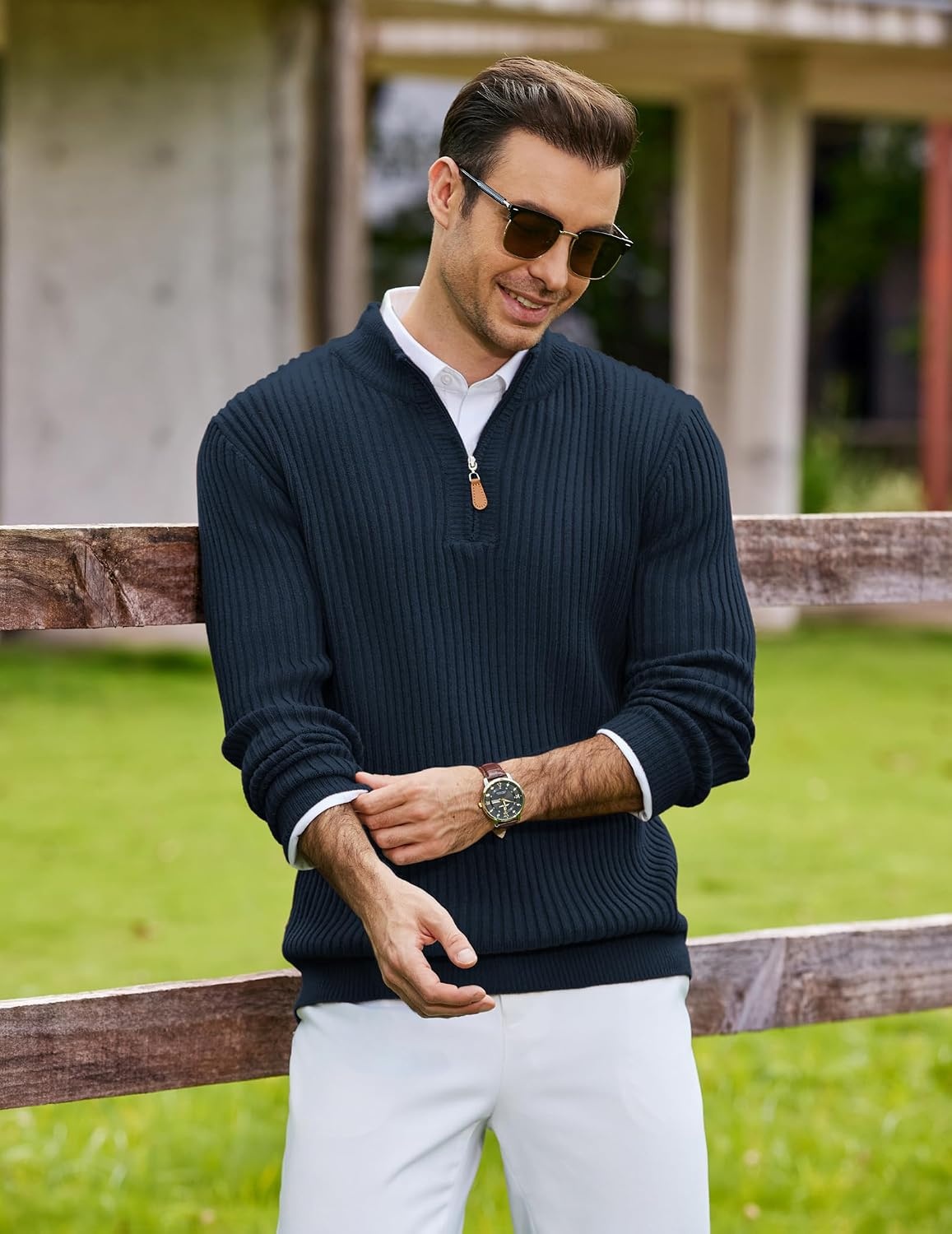 image:imageCOOFANDY Mens Quarter Zip Pullover Sweater Knit Texture Mock Neck Sweater Soft Knit Fabric Thick Warmth Quarter Zip Design Mock Neck Regular Fit Long Sleeve Sweater For Casual And Business WearNavy Blue