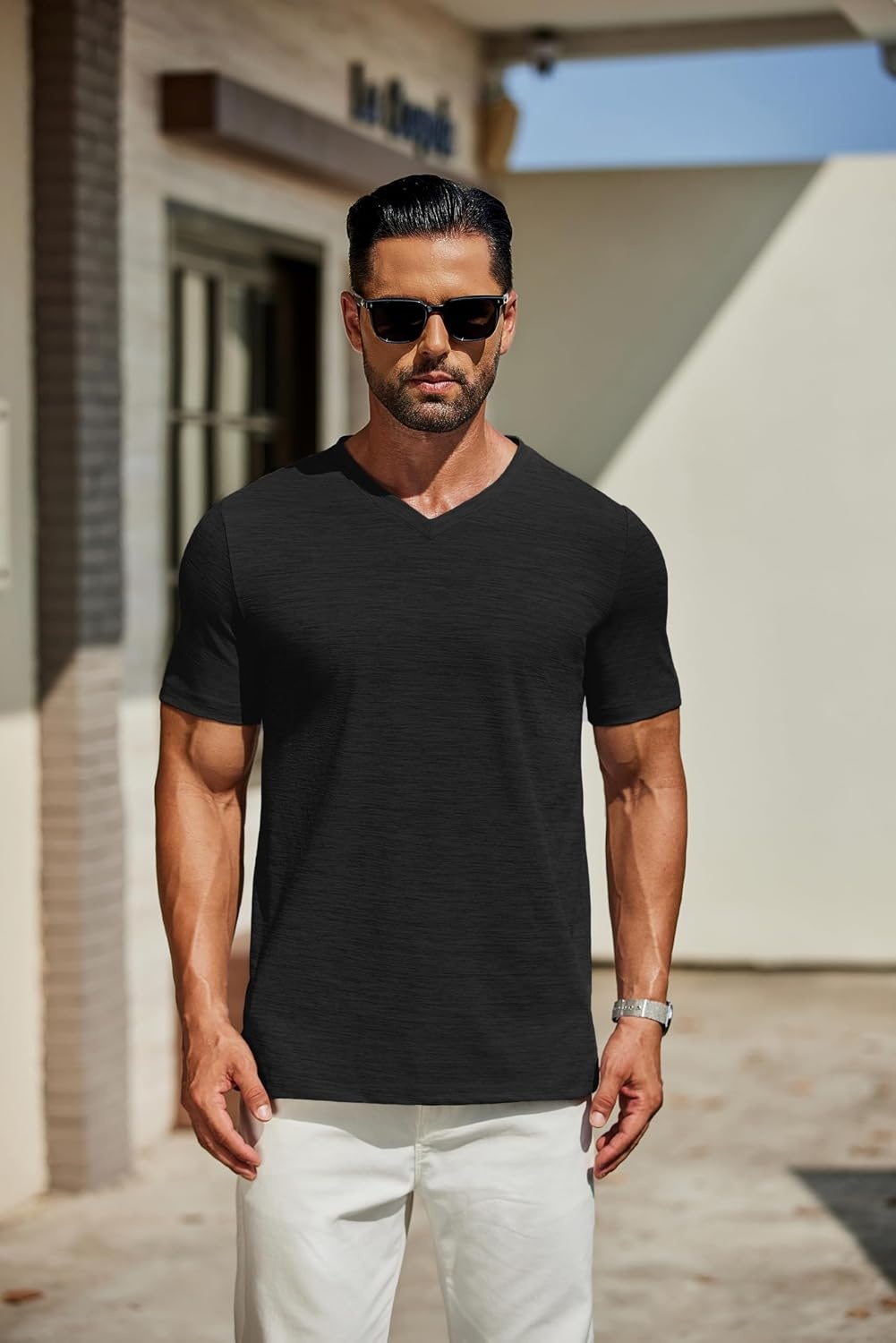image:imageCOOFANDY Mens T Shirts Short Sleeve Classic V Neck Casual Summer Basic Tee Textured Classic Plain Shirts Soft Lightweight Breathable T Shirt Daily Use Office Going Out Top for MenYblackBlackBlack3 Pack