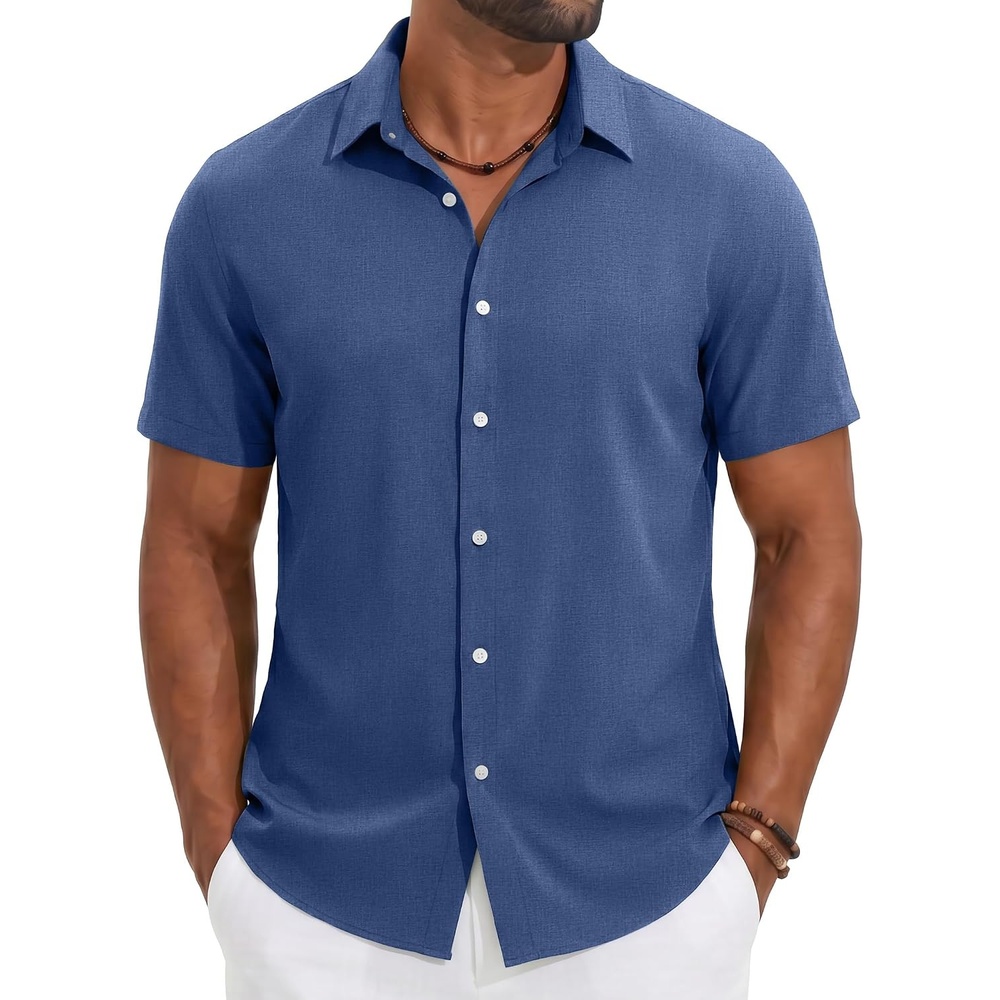 image:imageCOOFANDY Mens Casual Button Down Shirt Short Sleeve Summer Beach Shirts  Lightweight Soft FabricTextured Linen ShirtRegular FitCasual ShirtsVacation Resort WearWeddingMachine WashBlue