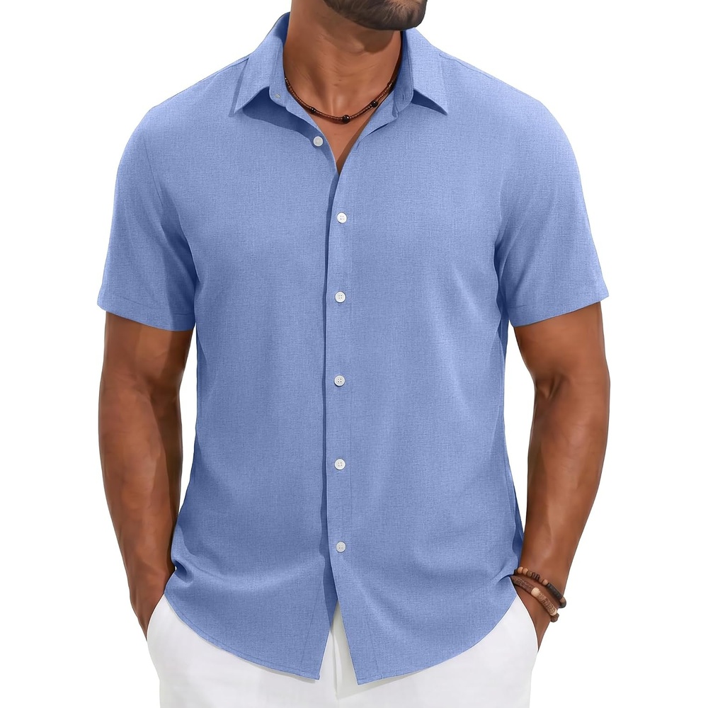 image:imageCOOFANDY Mens Casual Button Down Shirt Short Sleeve Summer Beach Shirts  Lightweight Soft FabricTextured Linen ShirtRegular FitCasual ShirtsVacation Resort WearWeddingMachine WashLight Blue