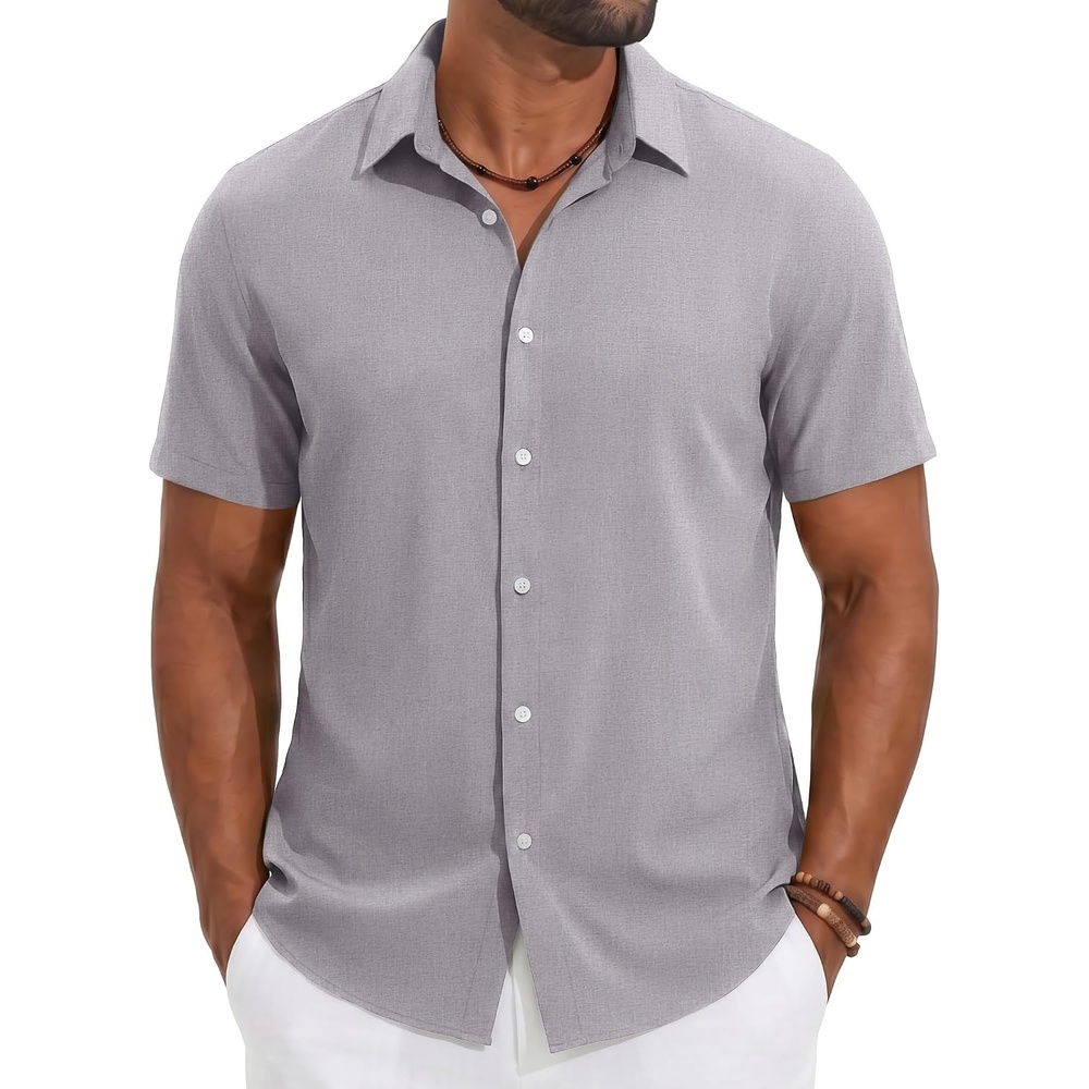 image:imageCOOFANDY Mens Casual Button Down Shirt Short Sleeve Summer Beach Shirts  Lightweight Soft FabricTextured Linen ShirtRegular FitCasual ShirtsVacation Resort WearWeddingMachine WashLight Gray