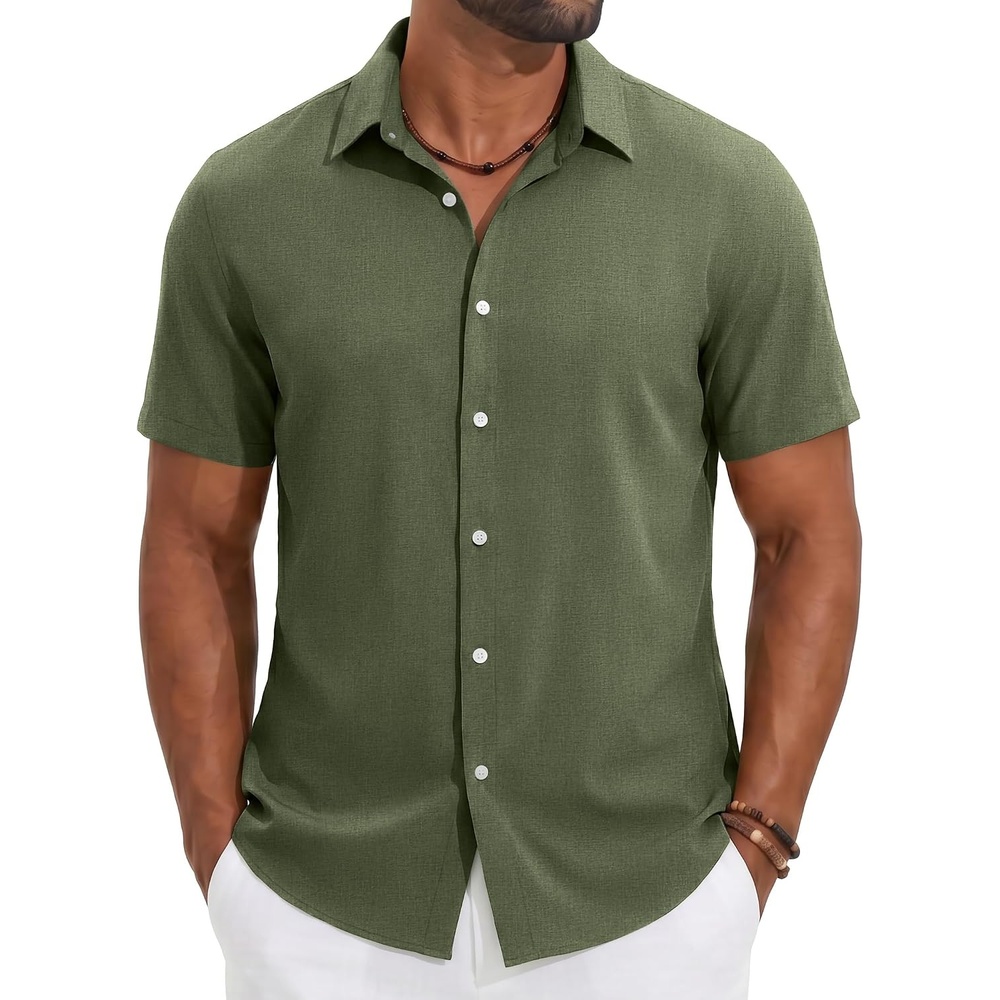 image:imageCOOFANDY Mens Casual Button Down Shirt Short Sleeve Summer Beach Shirts  Lightweight Soft FabricTextured Linen ShirtRegular FitCasual ShirtsVacation Resort WearWeddingMachine WashOlive Green