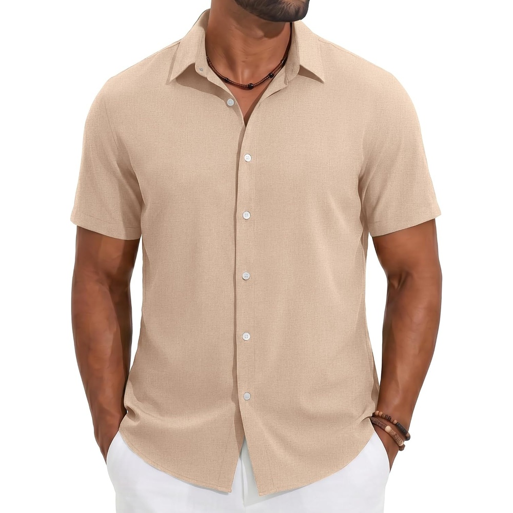image:imageCOOFANDY Mens Casual Button Down Shirt Short Sleeve Summer Beach Shirts  Lightweight Soft FabricTextured Linen ShirtRegular FitCasual ShirtsVacation Resort WearWeddingMachine WashLight Khaki
