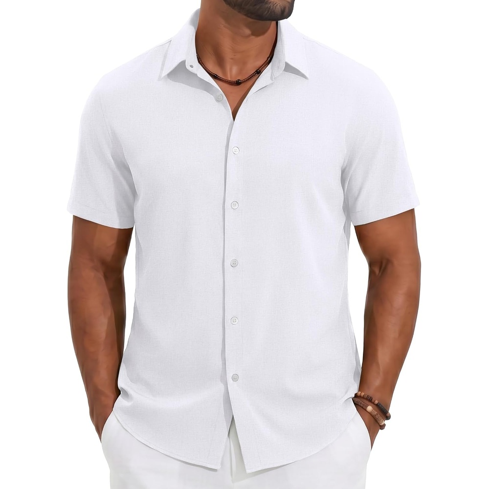 image:imageCOOFANDY Mens Casual Button Down Shirt Short Sleeve Summer Beach Shirts Lightweight Soft FabricTextured Linen ShirtRegular FitCasual ShirtsVacation Resort WearWeddingMachine WashWhite