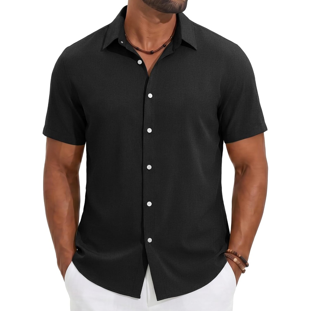 image:imageCOOFANDY Mens Casual Button Down Shirt Short Sleeve Summer Beach Shirts  Lightweight Soft FabricTextured Linen ShirtRegular FitCasual ShirtsVacation Resort WearWeddingMachine WashBlack