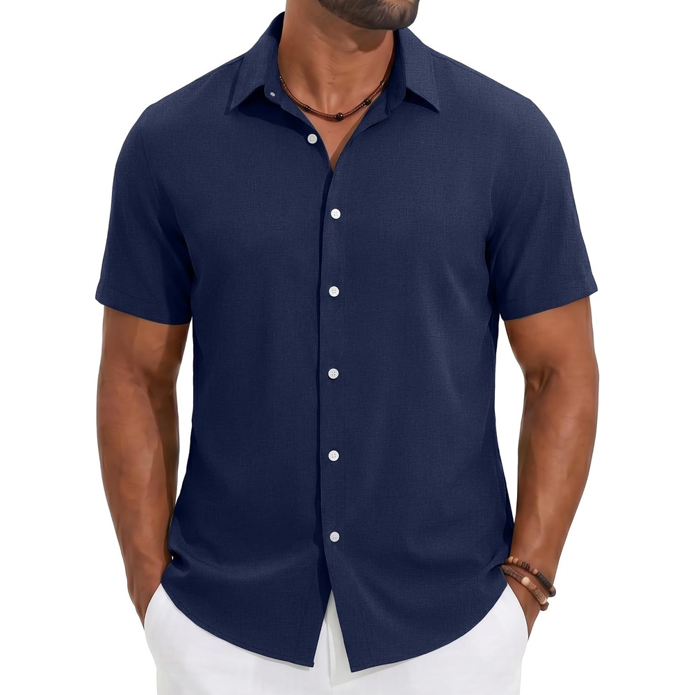 image:imageCOOFANDY Mens Casual Button Down Shirt Short Sleeve Summer Beach Shirts  Lightweight Soft FabricTextured Linen ShirtRegular FitCasual ShirtsVacation Resort WearWeddingMachine WashNavy Blue