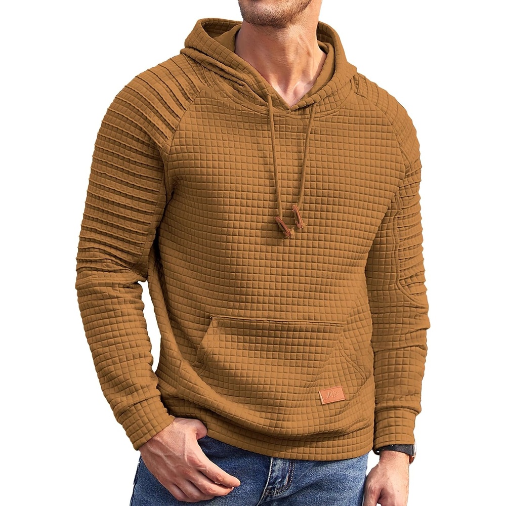 image:imageCOOFANDY Mens Hoodies Pullover Casaul Long Sleeve Drawstring Waffle Knit Hooded Sweatshirt with Kanga PocketDark Yellow