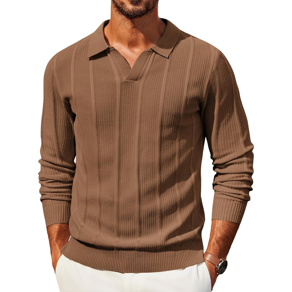 image:imageCOOFANDY Mens Knit Long Sleeve Polo Shirt Sweater VNeck Textured Pullover Polo Collared Sweater Casual Shirt Soft Textured Knit Golf Polo Sweater With VNeck Collar Ribbed Cuffs Fall WinterLight Brown