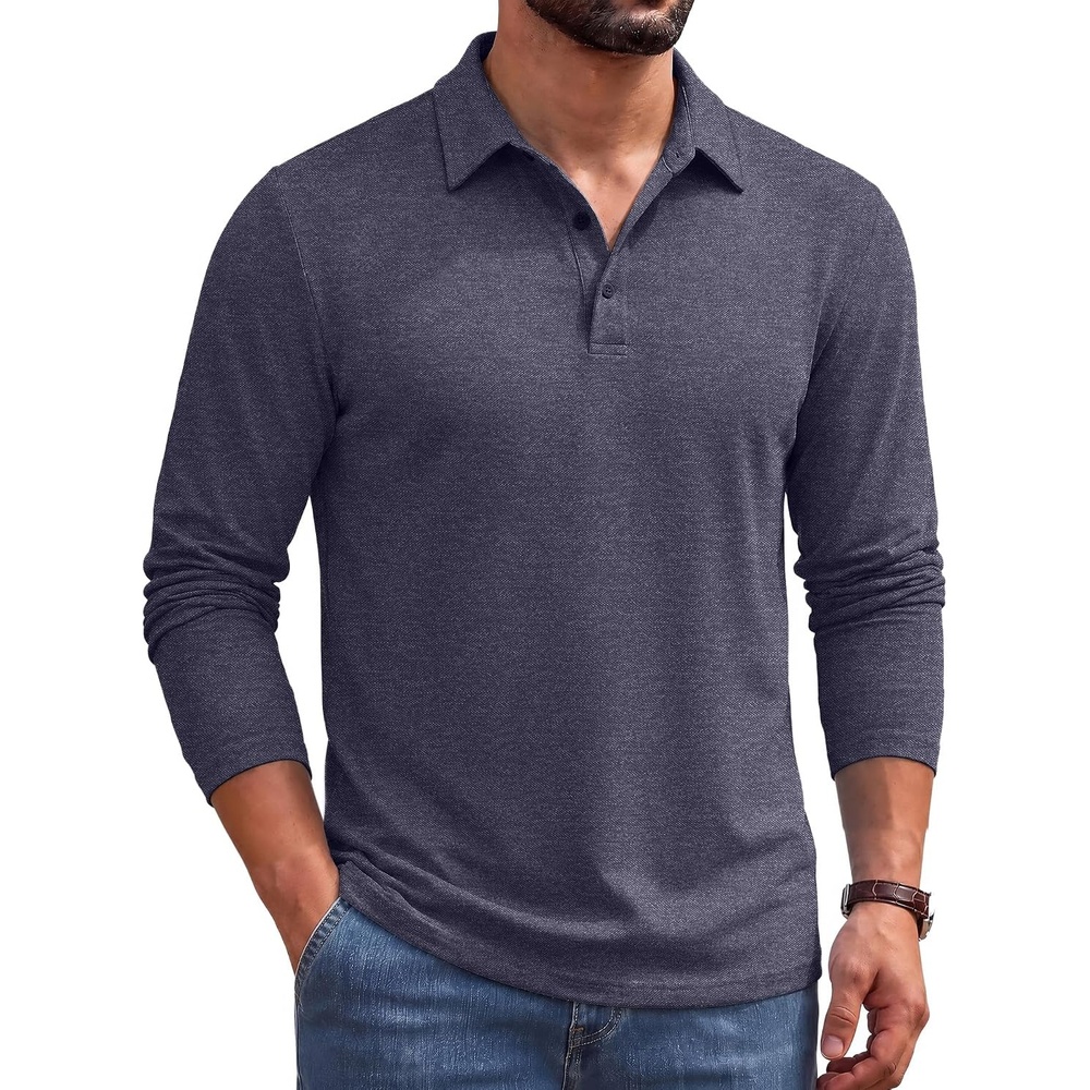 image:imageCOOFANDY Mens Long Sleeve Polo Shirts Casual Basic Lightweight Button Tee Heathered fabric 3 button plackets long sleeve lightweight breathable soft some stretch classic regular fit casualDark Blue