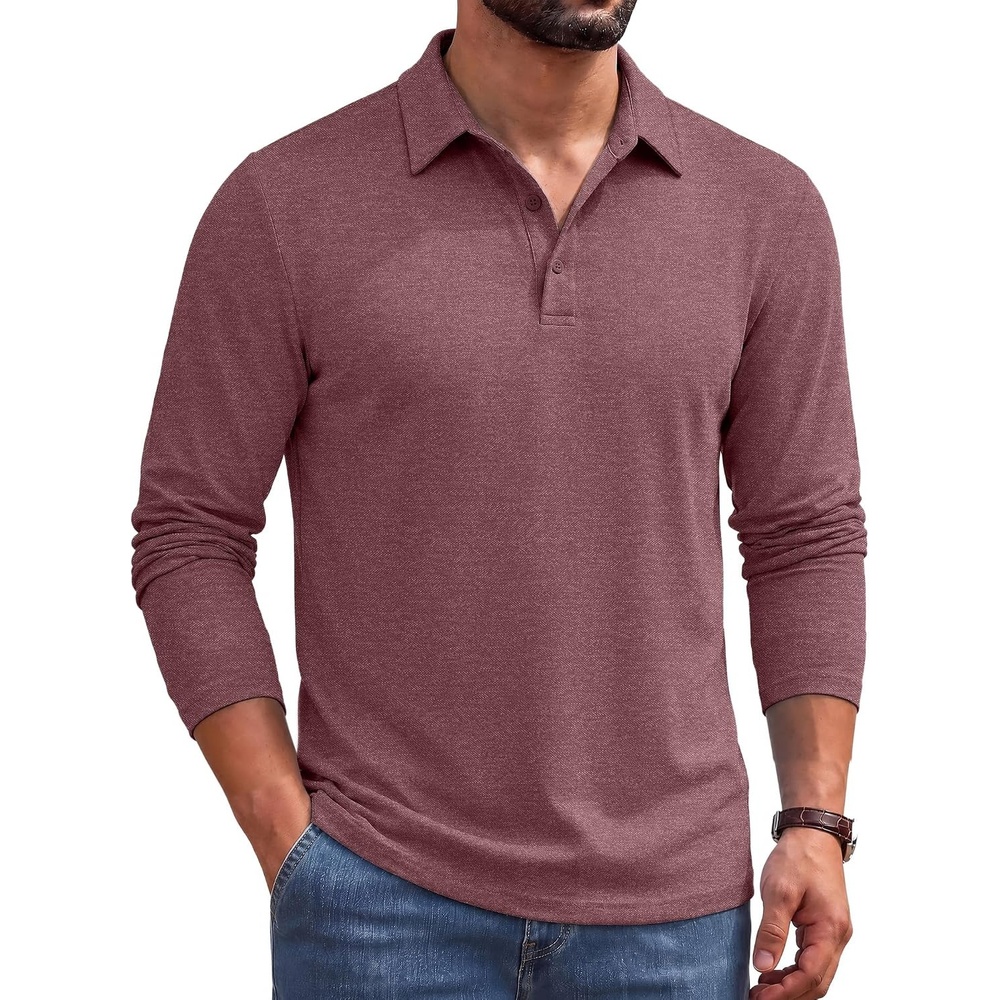 image:imageCOOFANDY Mens Long Sleeve Polo Shirts Casual Basic Lightweight Button Tee Heathered fabric 3 button plackets long sleeve lightweight breathable soft some stretch classic regular fit casualWine Red