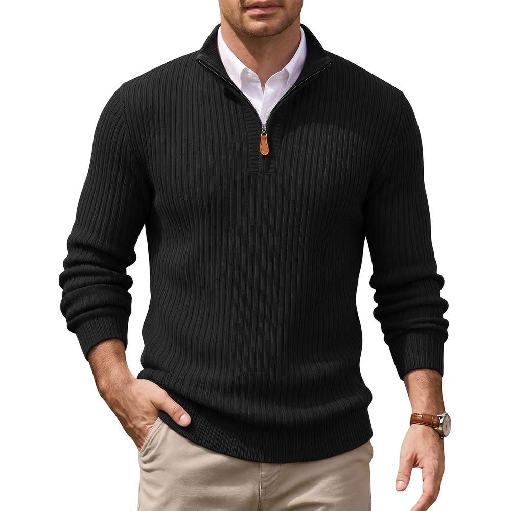 image:imageCOOFANDY Mens Quarter Zip Pullover Sweater Knit Texture Mock Neck Sweater  Soft Knit Fabric Thick Warmth Quarter Zip Design Mock Neck Regular Fit Long Sleeve Sweater For Casual And Business WearBlack