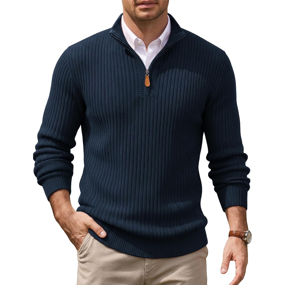 image:imageCOOFANDY Mens Quarter Zip Pullover Sweater Knit Texture Mock Neck Sweater Soft Knit Fabric Thick Warmth Quarter Zip Design Mock Neck Regular Fit Long Sleeve Sweater For Casual And Business WearNavy Blue