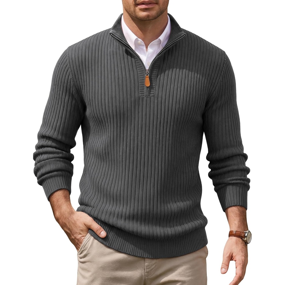 image:imageCOOFANDY Mens Quarter Zip Pullover Sweater Knit Texture Mock Neck Sweater Soft Knit Fabric Thick Warmth Quarter Zip Design Mock Neck Regular Fit Long Sleeve Sweater For Casual And Business WearDark Gray