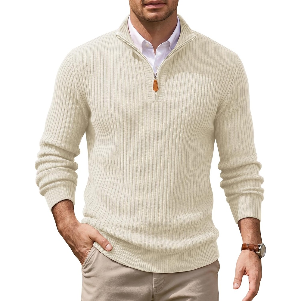 image:imageCOOFANDY Mens Quarter Zip Pullover Sweater Knit Texture Mock Neck Sweater Soft Knit Fabric Thick Warmth Quarter Zip Design Mock Neck Regular Fit Long Sleeve Sweater For Casual And Business WearCream