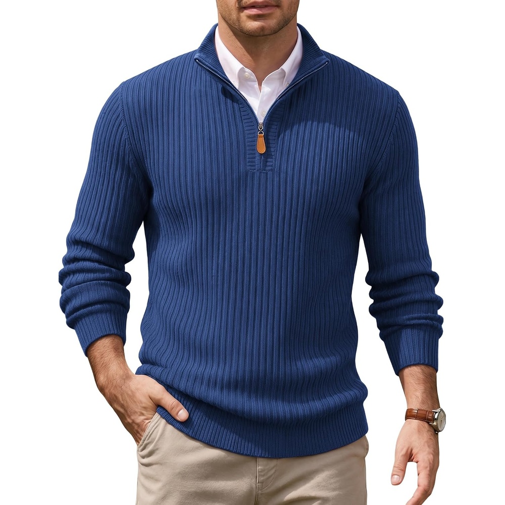 image:imageCOOFANDY Mens Quarter Zip Pullover Sweater Knit Texture Mock Neck Sweater Soft Knit Fabric Thick Warmth Quarter Zip Design Mock Neck Regular Fit Long Sleeve Sweater For Casual And Business WearBlue