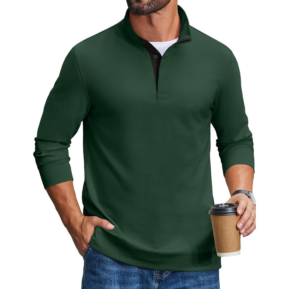 image:imageCOOFANDY Mens TShirts Quarter Pullover Lightweight Sweatshirt Casual Shirt Soft Fabric Button Placket ContrastingColour design Lightweight Long Sleeve SweatshirtDark Green