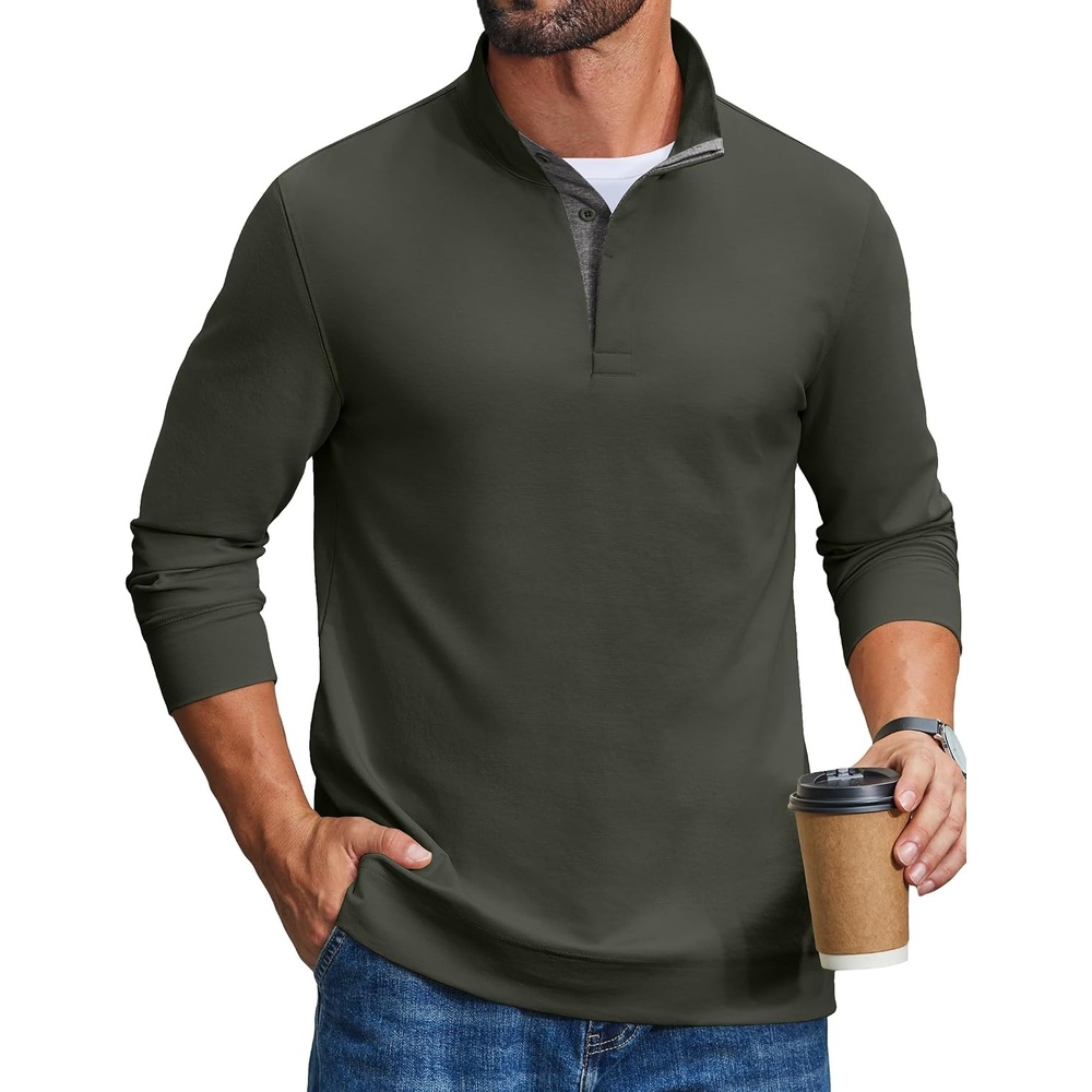 image:imageCOOFANDY Mens TShirts Quarter Pullover Lightweight Sweatshirt Casual Shirt Soft Fabric Button Placket ContrastingColour design Lightweight Long Sleeve SweatshirtArmy Green