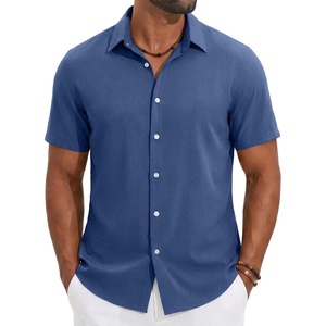 COOFANDY Mens Casual Button Down Shirt Short Sleeve Summer Beach Shirts | Lightweight Soft Fabric,Textured Linen Shirt,Regular Fit,Casual Shirts,Vacation Resort Wear,Wedding,Machine Wash(Blue)