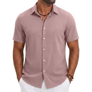COOFANDY Mens Casual Button Down Shirt Short Sleeve Summer Beach Shirts | Lightweight Soft Fabric,Textured Linen Shirt,Regular Fit,Casual Shirts,Vacation Resort Wear,Wedding,Machine Wash(Pink)