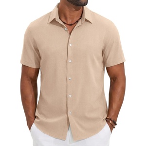 COOFANDY Mens Casual Button Down Shirt Short Sleeve Summer Beach Shirts | Lightweight Soft Fabric,Textured Linen Shirt,Regular Fit,Casual Shirts,Vacation Resort Wear,Wedding,Machine Wash(Light Khaki)