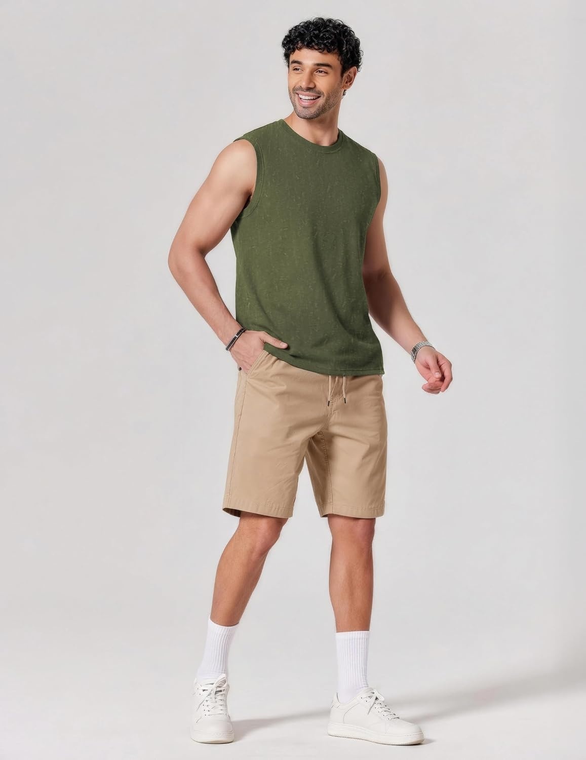 image:imageCOOFANDY Men Cotton Sleeveless Tank Top Muscle T Shirts Casual Beach Tank Khaki Breathable Washed Running Tee ShirtArmy Green