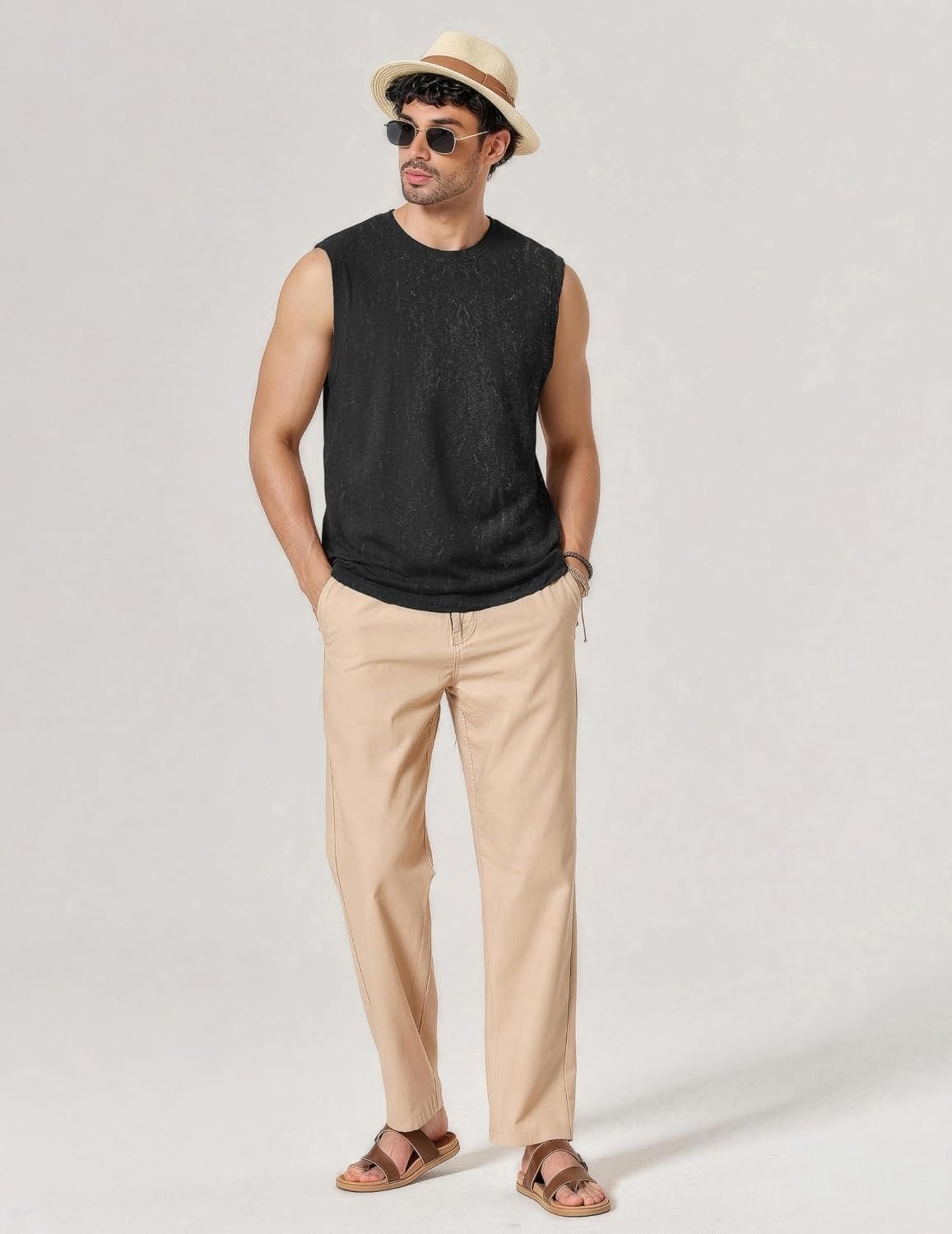 image:imageCOOFANDY Men Cotton Sleeveless Tank Top Muscle T Shirts Casual Beach Tank Khaki Breathable Washed Running Tee ShirtBlack