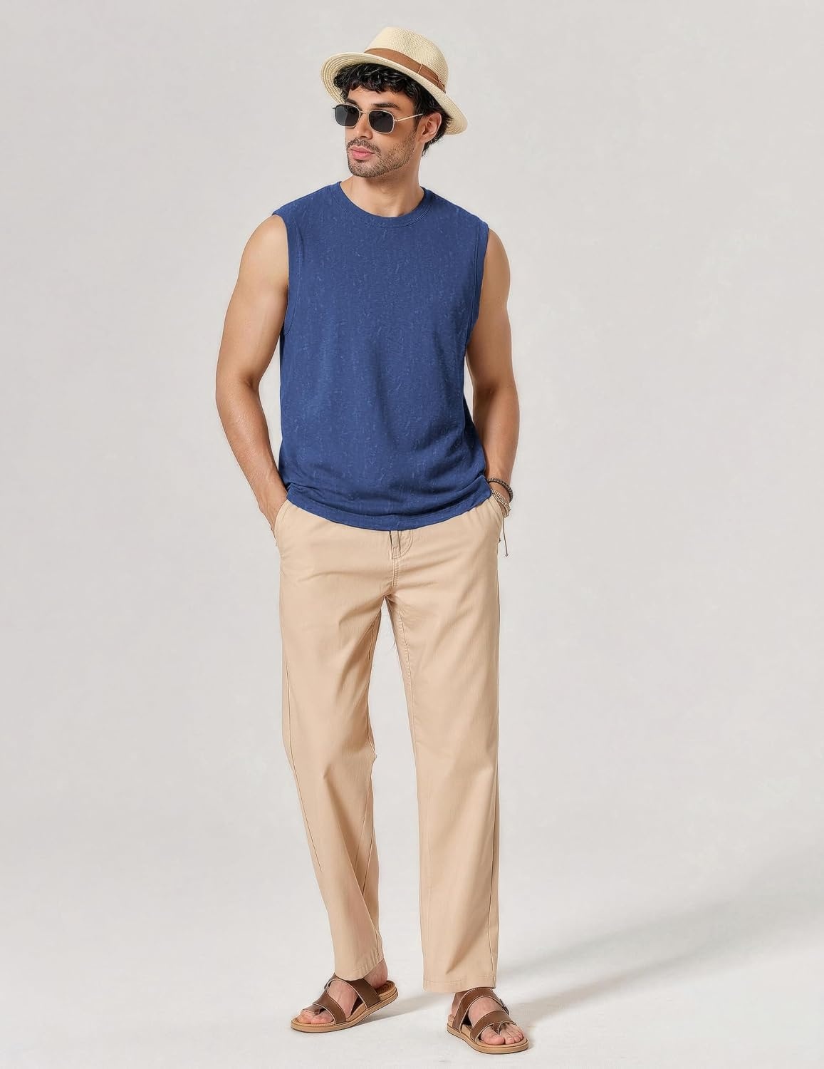 image:imageCOOFANDY Men Cotton Sleeveless Tank Top Muscle T Shirts Casual Beach Tank Khaki Breathable Washed Running Tee ShirtNavy Blue