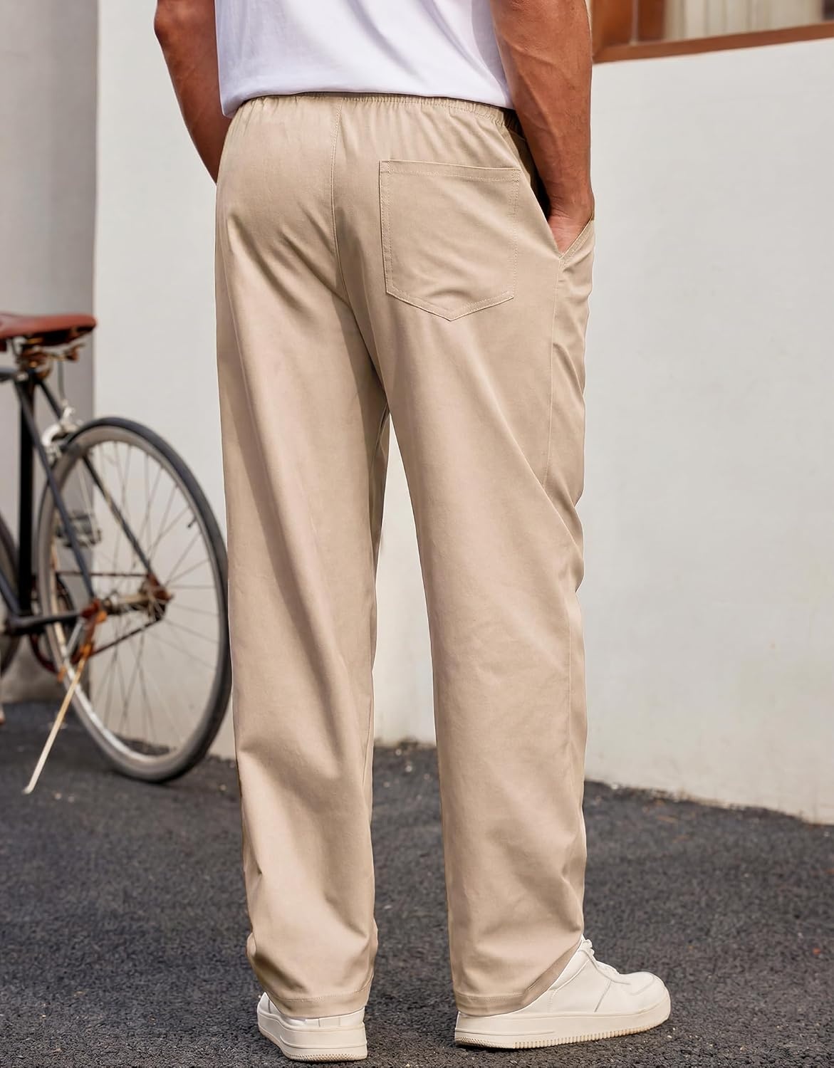 image:imageCOOFANDY Mens Casual Chino Pants Drawstring Elastic Waist Relaxed Fit Pant Elastic Drawstring Waist Cotton Twill Fabric Side Pockets Relaxed Fit Straight Leg Daily Wear Office Wear Travel WearLight Khaki