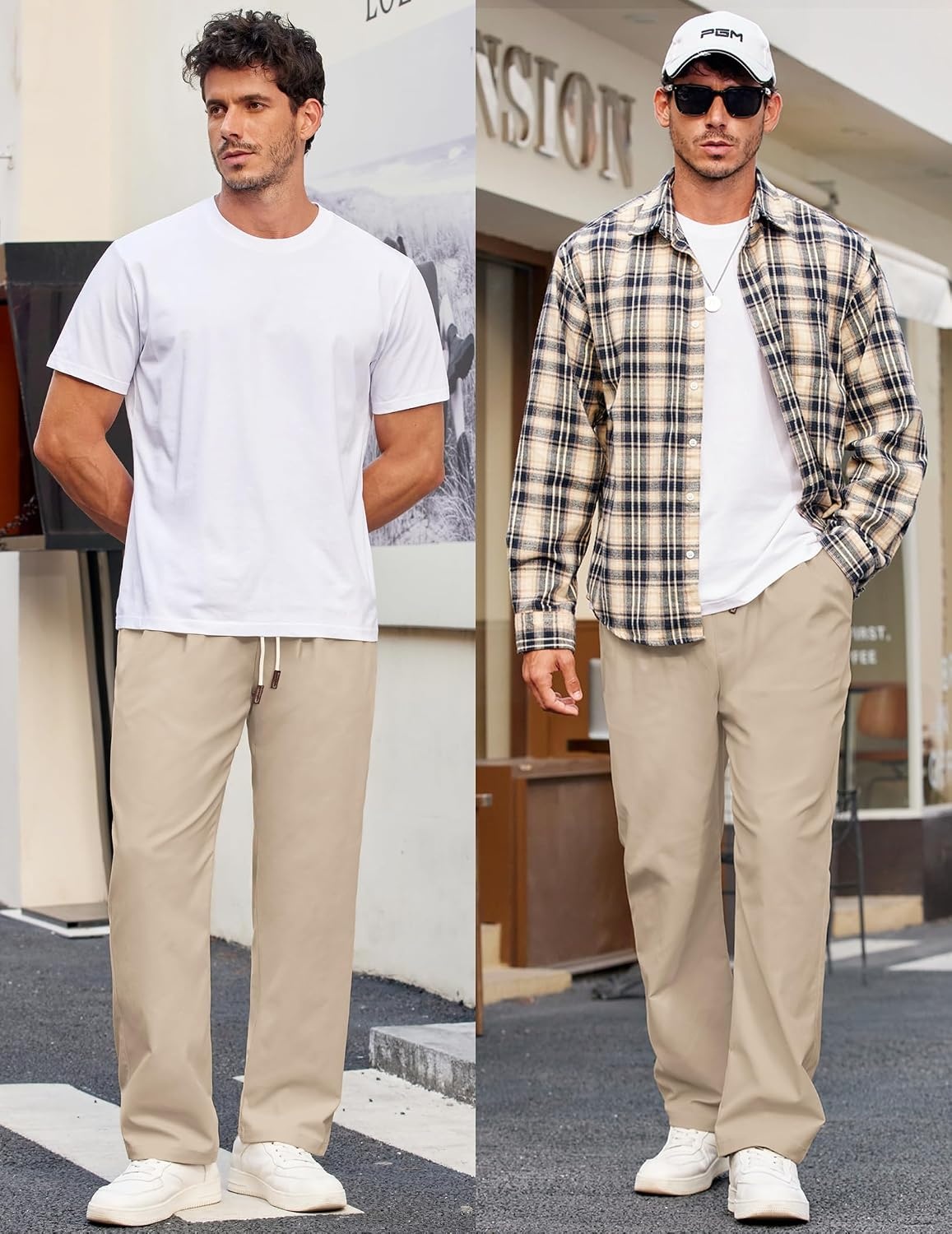 image:imageCOOFANDY Mens Casual Chino Pants Drawstring Elastic Waist Relaxed Fit Pant Elastic Drawstring Waist Cotton Twill Fabric Side Pockets Relaxed Fit Straight Leg Daily Wear Office Wear Travel WearLight Khaki