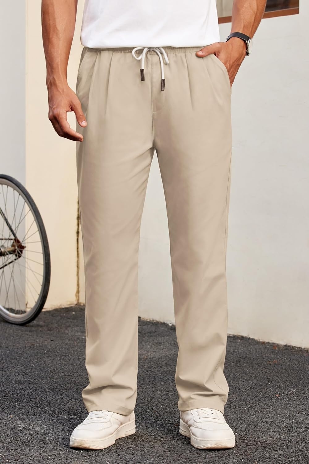 image:imageCOOFANDY Mens Casual Chino Pants Drawstring Elastic Waist Relaxed Fit Pant Elastic Drawstring Waist Cotton Twill Fabric Side Pockets Relaxed Fit Straight Leg Daily Wear Office Wear Travel WearLight Khaki