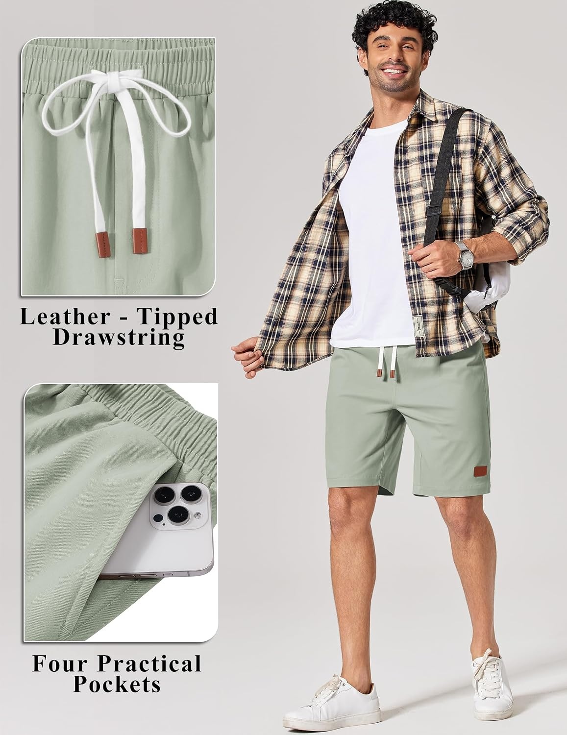 image:imageCOOFANDY Mens Cotton Chino Shorts 9 Inch Casual Shorts Summer Beach Shorts Stretch Twill ComfortElastic Waist with LeatherTipped Drawstring4 PocketsRelaxed FitEasy Movement for Active DaysSage Green
