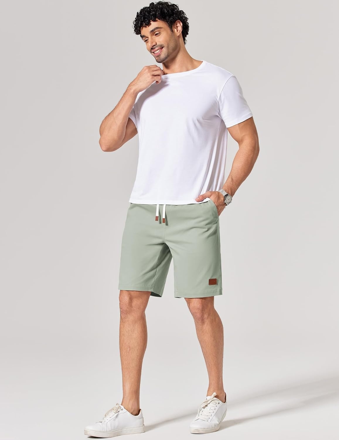 image:imageCOOFANDY Mens Cotton Chino Shorts 9 Inch Casual Shorts Summer Beach Shorts Stretch Twill ComfortElastic Waist with LeatherTipped Drawstring4 PocketsRelaxed FitEasy Movement for Active DaysSage Green