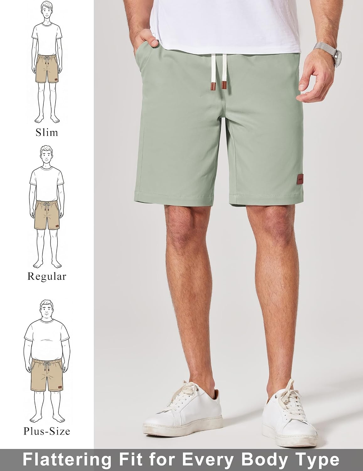 image:imageCOOFANDY Mens Cotton Chino Shorts 9 Inch Casual Shorts Summer Beach Shorts Stretch Twill ComfortElastic Waist with LeatherTipped Drawstring4 PocketsRelaxed FitEasy Movement for Active DaysSage Green