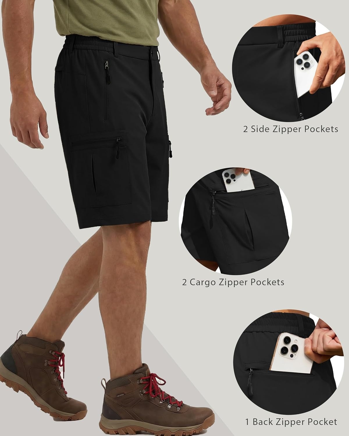 image:imageCOOFANDY Mens Hiking Cargo Shorts 9 Lightweight Short with Zipper Pockets 5 Zipper Pockets Lightweight Quick Dry Breathable Stretch Fabric Hiking Camping Climbing Work Elastic Waist Spring SummerBlack