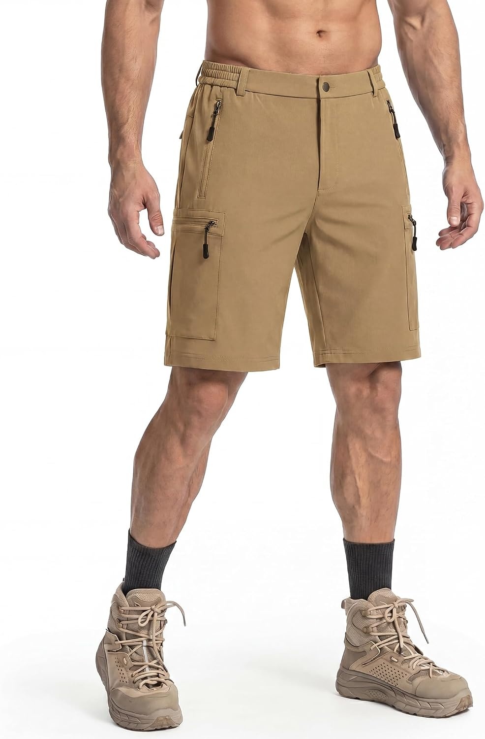 image:imageCOOFANDY Mens Hiking Cargo Shorts 9 Lightweight Short with Zipper Pockets 5 Zipper Pockets Lightweight Quick Dry Breathable Stretch Fabric Hiking Camping Climbing Work Elastic Waist Spring SummerKhaki