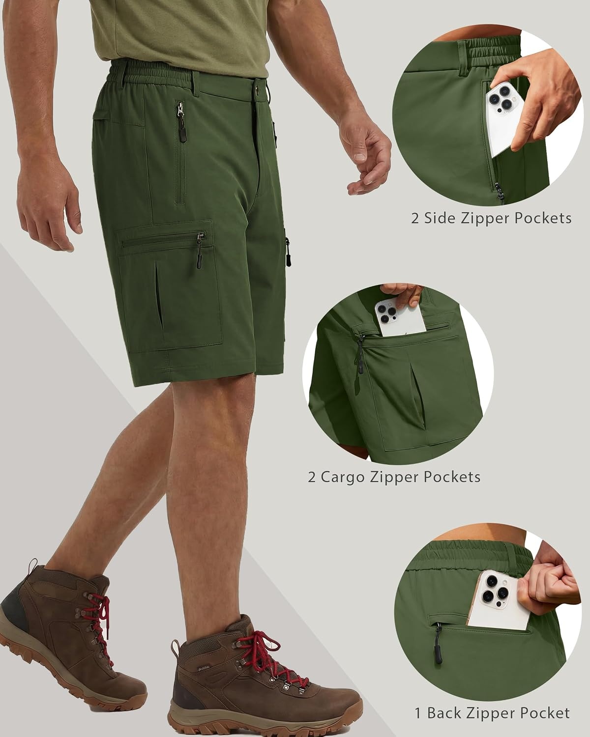image:imageCOOFANDY Mens Hiking Cargo Shorts 9 Lightweight Short with Zipper Pockets 5 Zipper Pockets Lightweight Quick Dry Breathable Stretch Fabric Hiking Camping Climbing Work Elastic Waist Spring SummerGreen